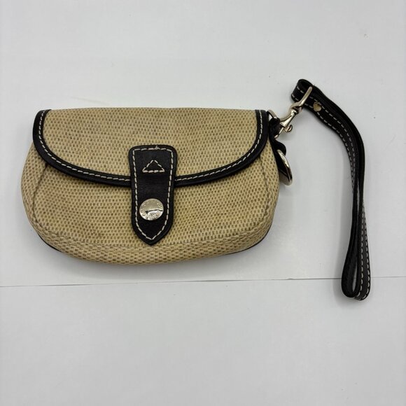 Dooney & Bourke Handbags - Dooney & Bourke Straw Wristlet Clutch Bag Tan Black Leather Trim Logo Button